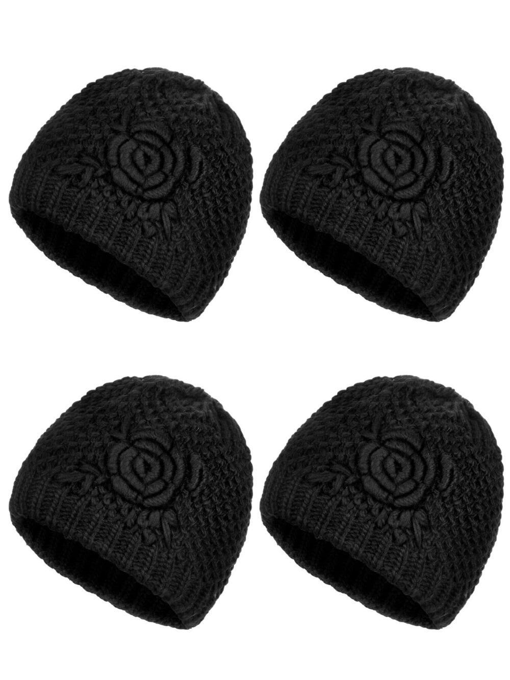 3309 4 Pcs Winter Hats Floral Knitted Beanie Warm Caps Flannelette Lined